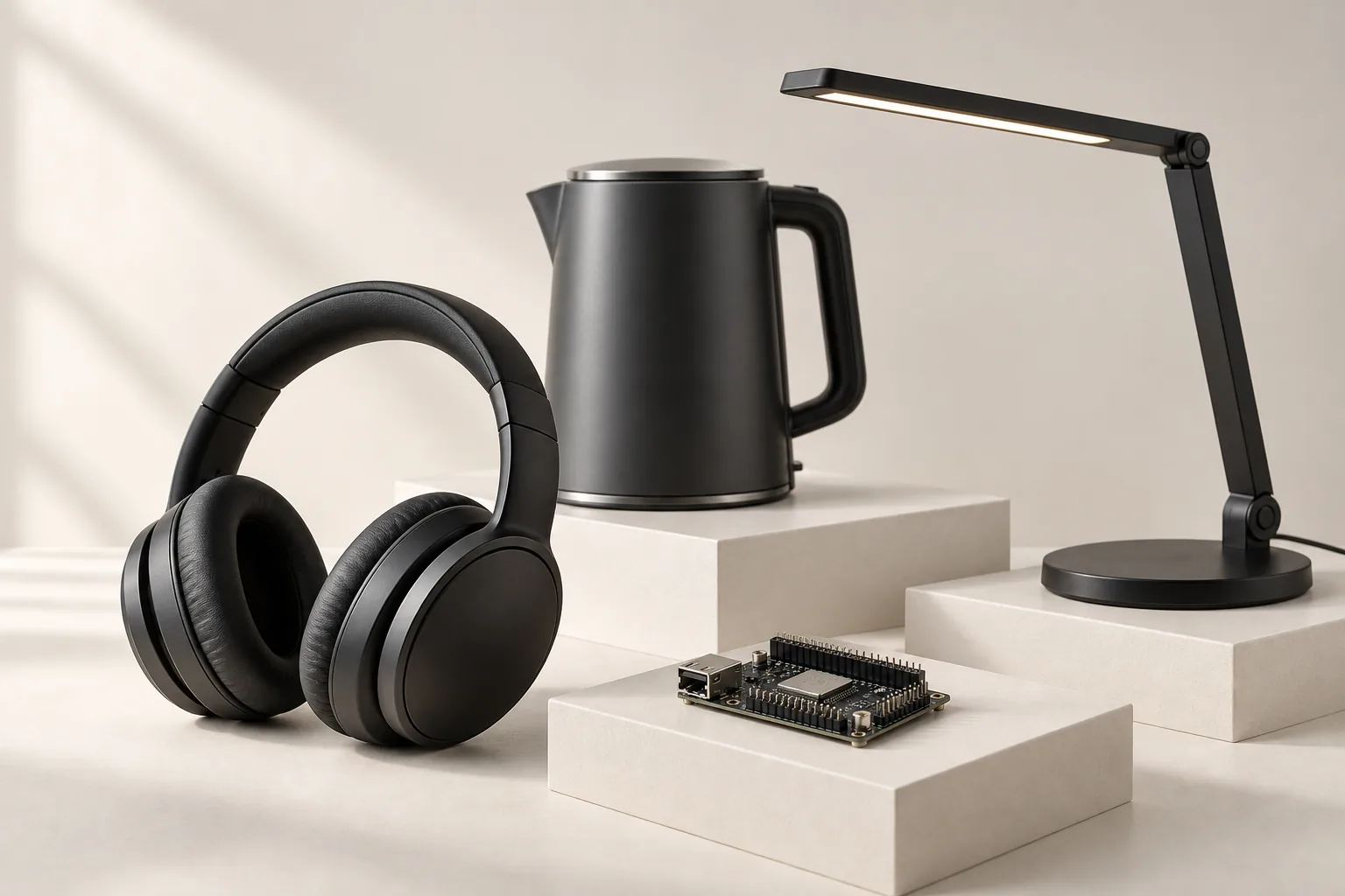 A considered collection of a kettle, headphones, an LED lamp and electronic components on neutral display plinths